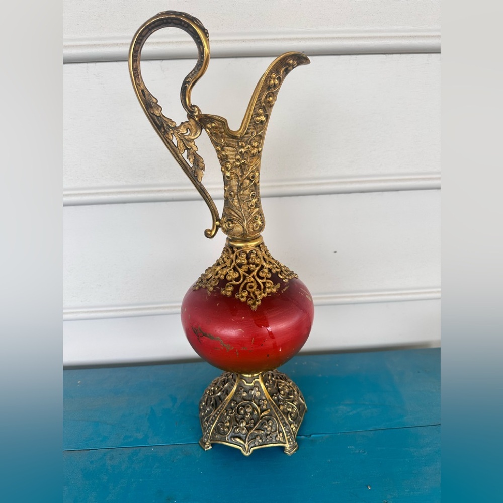 Nouveau French Art brass, enamel antique pitcher